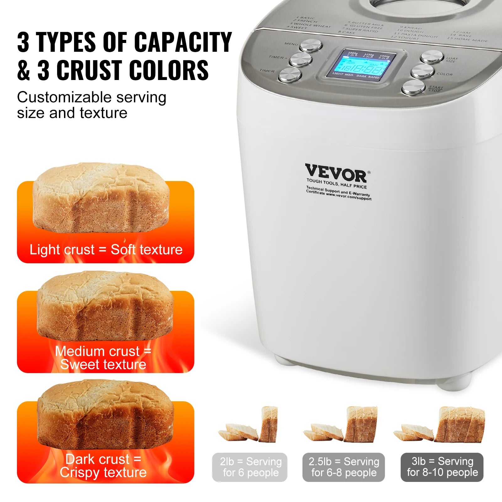 15-in-1 Automatic Bread Maker — 2/3 lb Dough Machine, Nonstick Ceramic Pan, Gluten-Free Setting