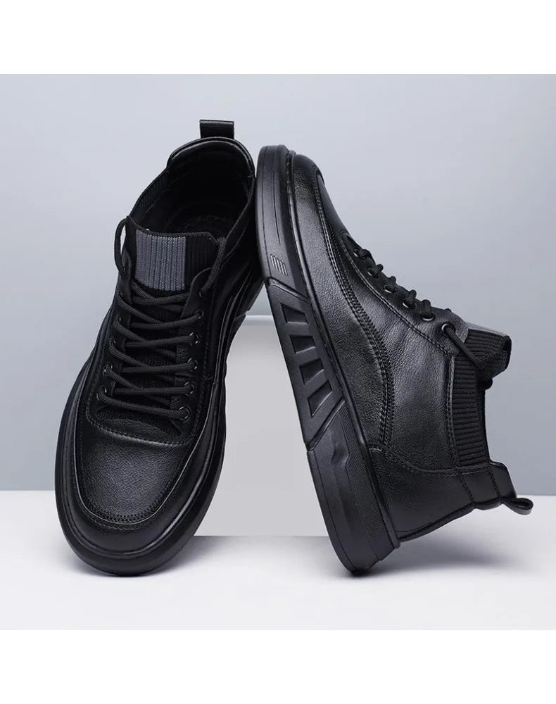 Men's Black Bonded Leather High-Top Shoes