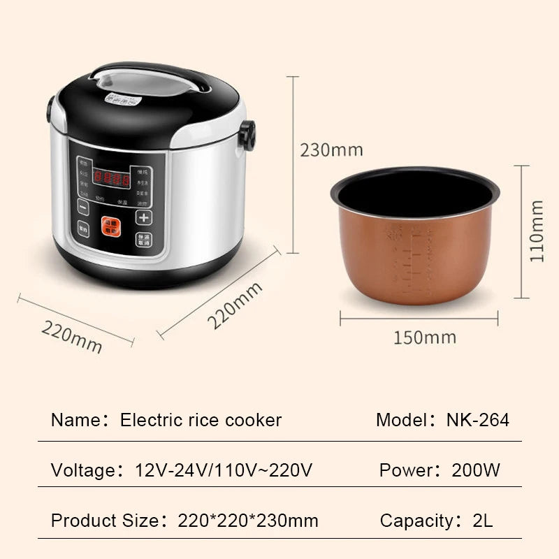 12V/24V Mini Car Rice Cooker 2L — Portable Truck Lunch Box Meal Heater & Food Steamer