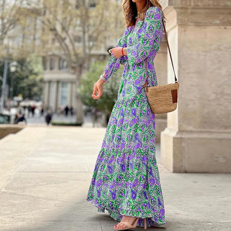 Women's Printed V-Neck Long Sleeve Bohemian Midi Dress – High Waist Elastic Waist Dress