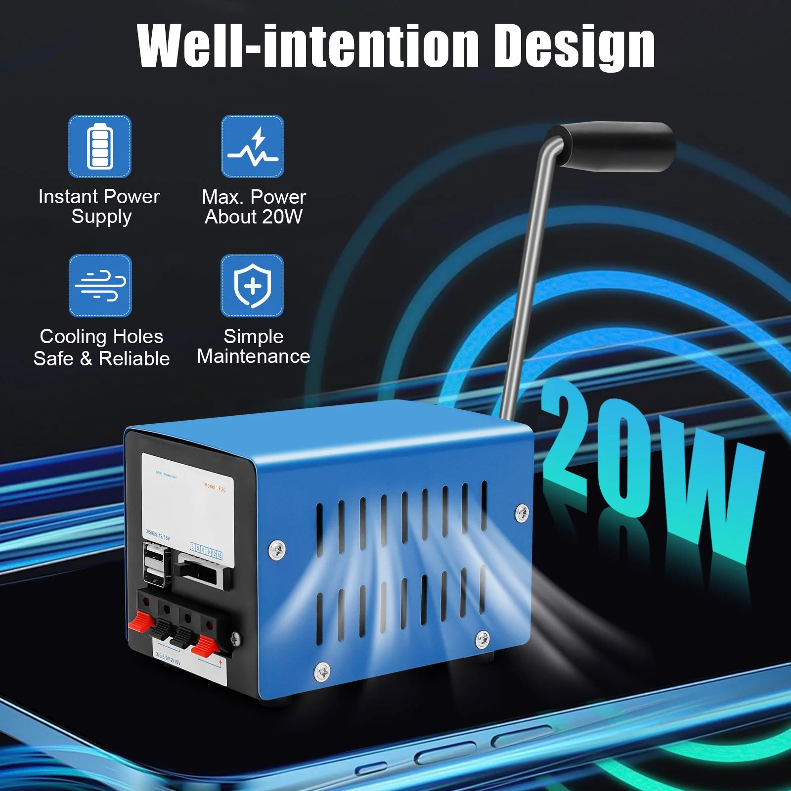 Hand Crank Generator — 20W Portable Emergency Power Bank with USB Output for Survival, Camping & Travel