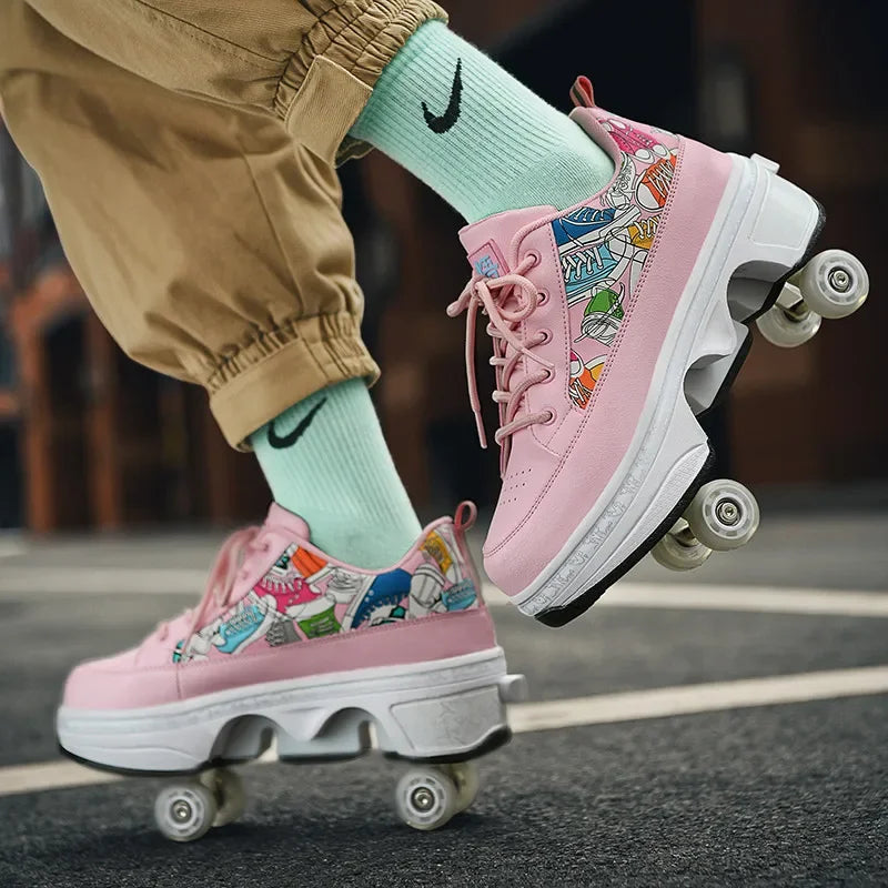 Fashionable 4-Wheel Roller Skate Shoes – Unisex Kids & Adult Outdoor Casual Wheeled Sneakers