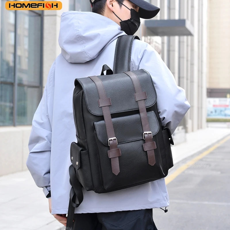 HOMEFISH PU Leather Backpack – Large Capacity Casual Daypack with 5 Pockets