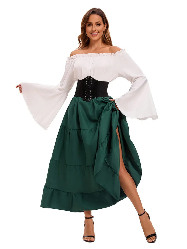Medieval Renaissance Costume Dress — Off-Shoulder Victorian Queen Outfit with Waist Corset
