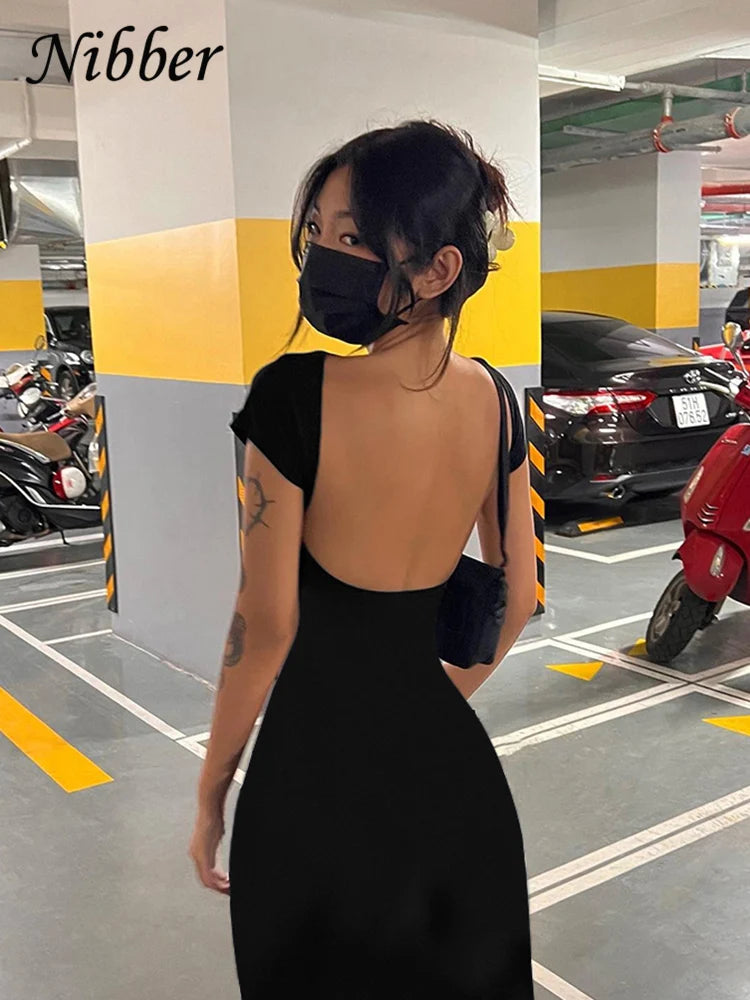 Nibber Solid Backless Bodycon Maxi Dress – Elegant Slim Short Sleeve Long Dress