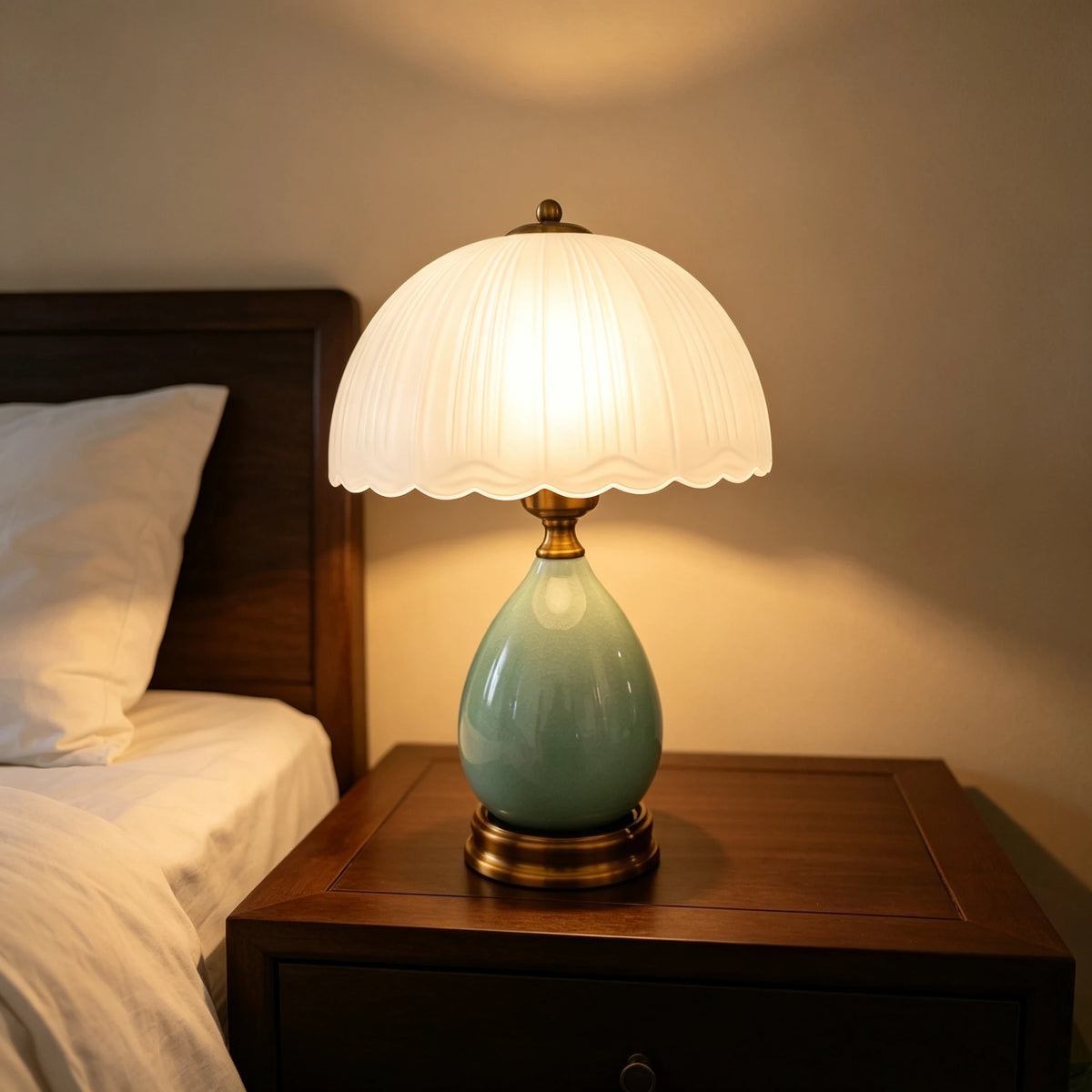 Green Ceramic Table Lamp – Scalloped Glass Shade