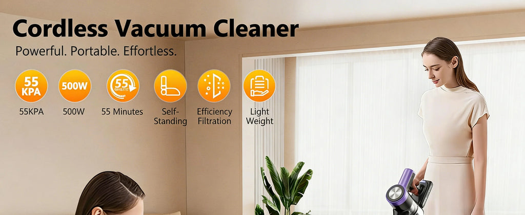 SUXIANGVAC Cordless Stick Vacuum Cleaner — 500W 55Kpa, 55-Min Runtime, Anti-Tangle, HEPA, Self-Standing
