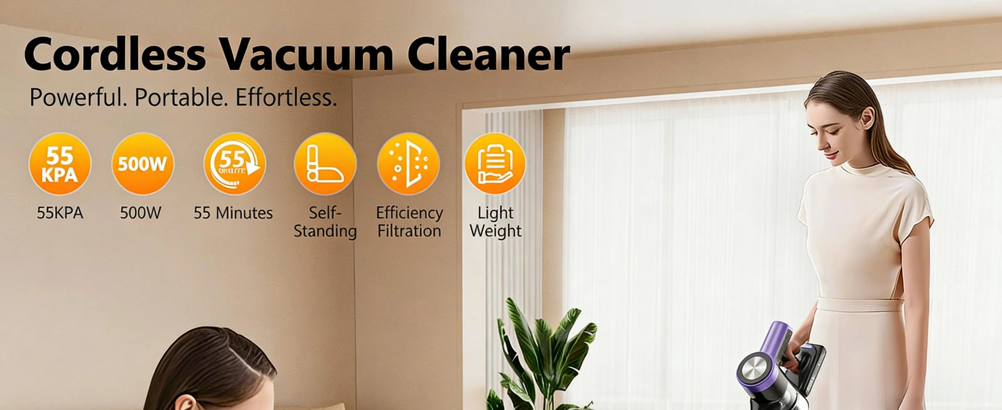 SUXIANGVAC Cordless Stick Vacuum Cleaner — 500W 55Kpa, 55-Min Runtime, Anti-Tangle, HEPA, Self-Standing