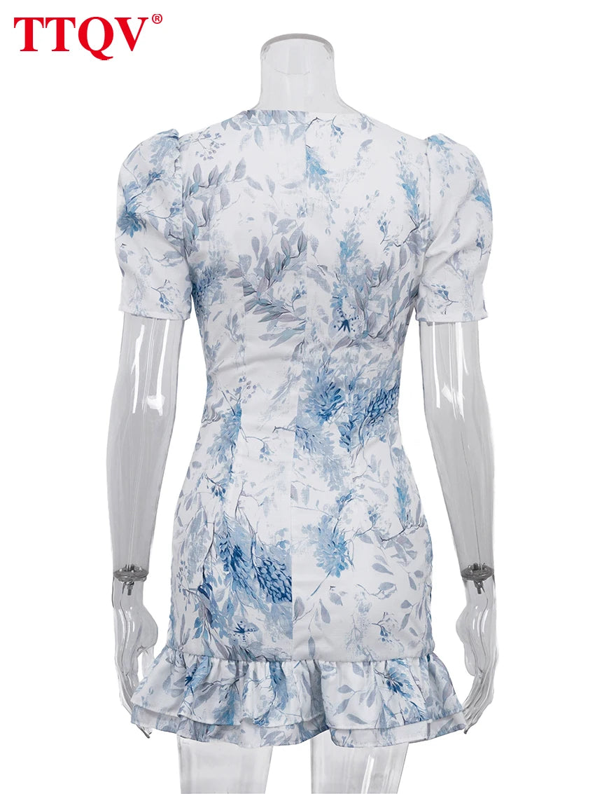 Women's Slim Print V-Neck Ruffle Mini Dress – Elegant Short Sleeve Streetwear Dress 2026