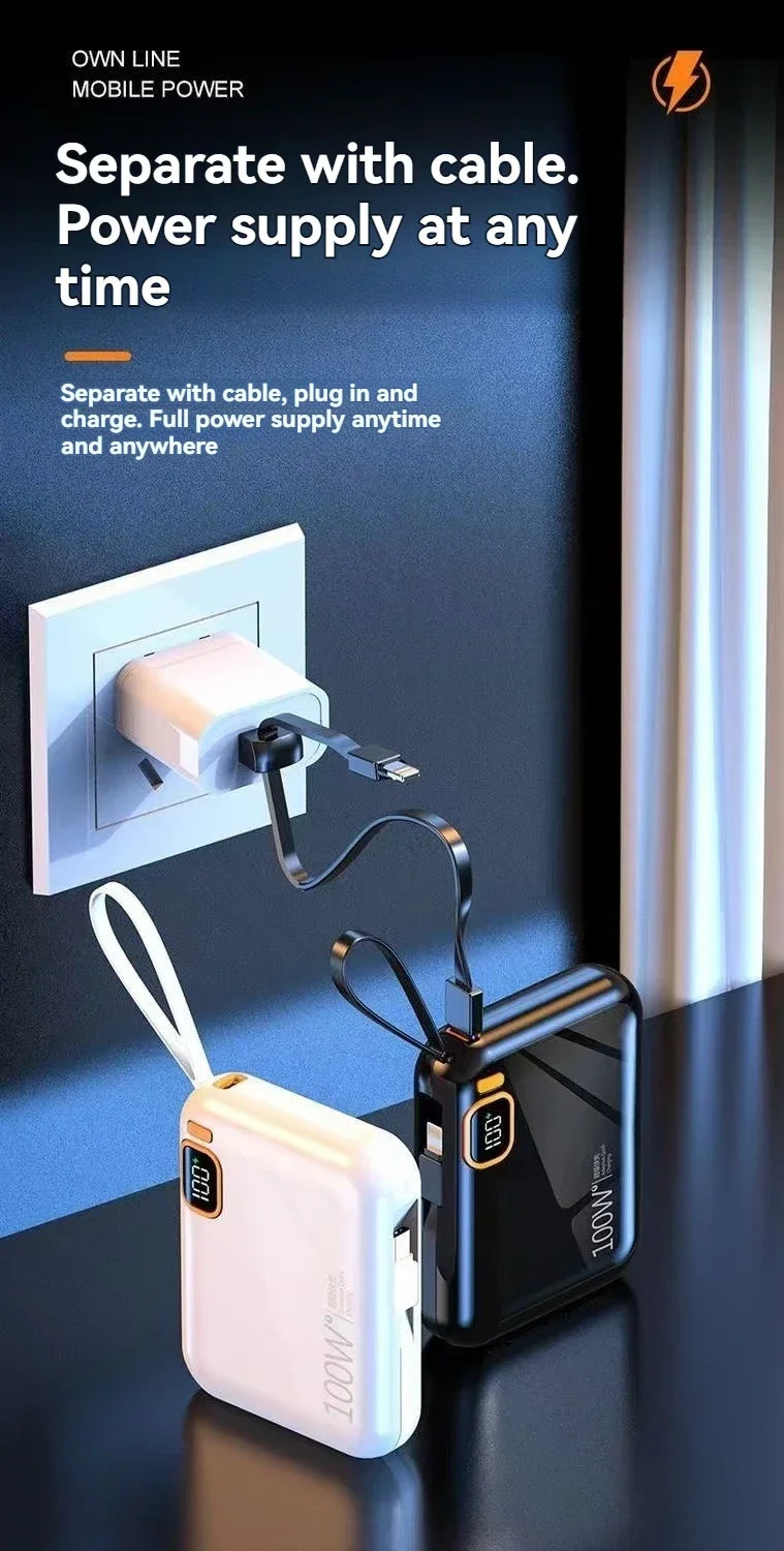 66W Portable Mini Power Bank 20000mAh – Built-in Cable, PD Fast Charging for iPhone & Android
