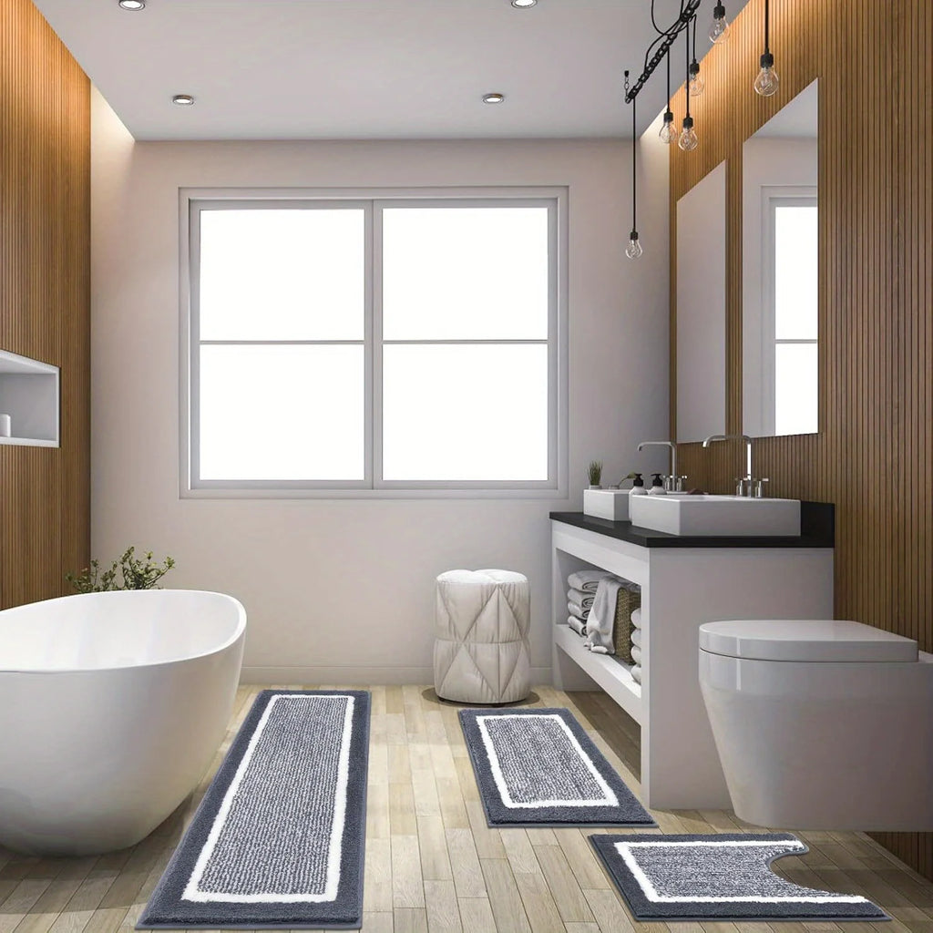 Washable Microfiber Bathroom Rug Set – 3-Piece Non-Slip Absorbent Bath Mats with U-Shaped Toilet Mat, 8 Colors