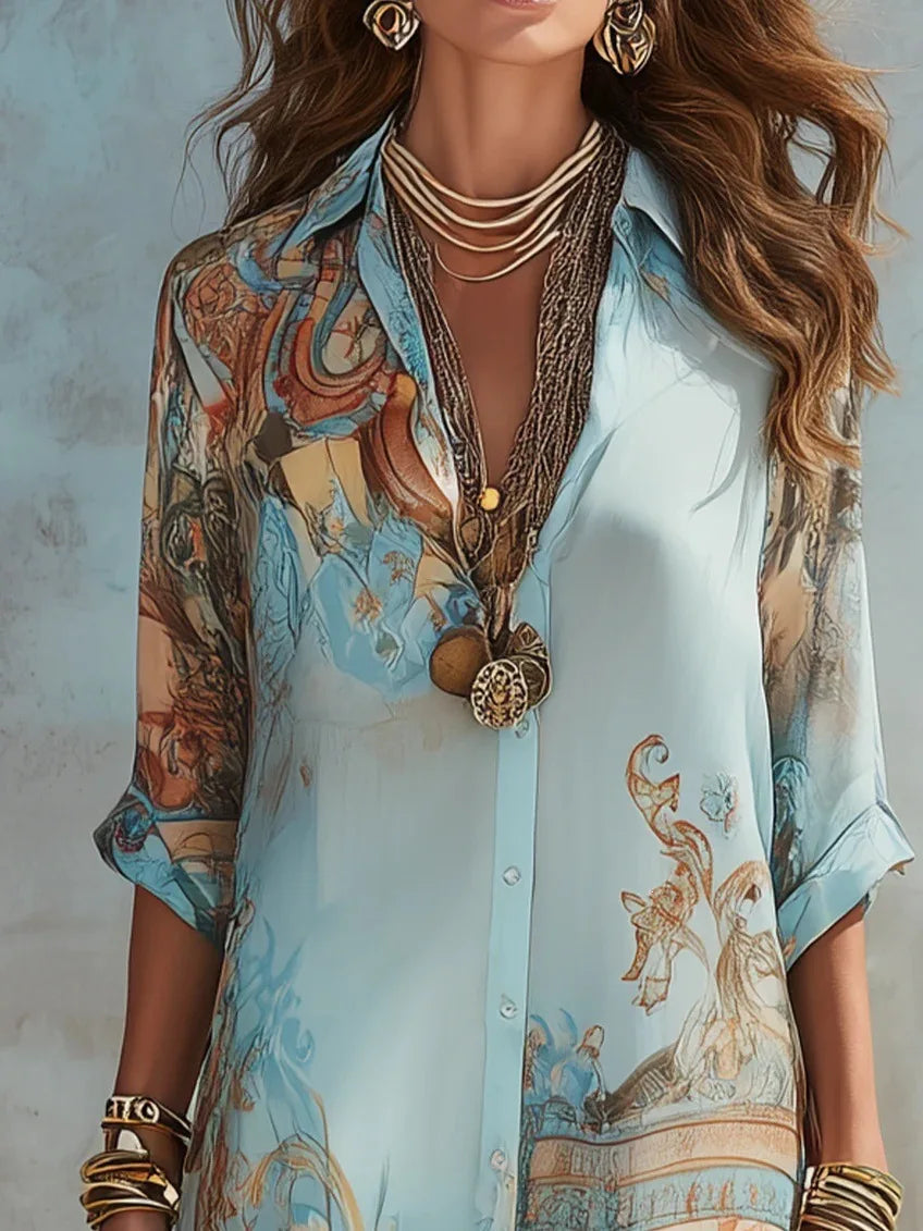 Chiffon Digital Print Shirt Dress — Turndown Collar Boho Flowy Casual Dress