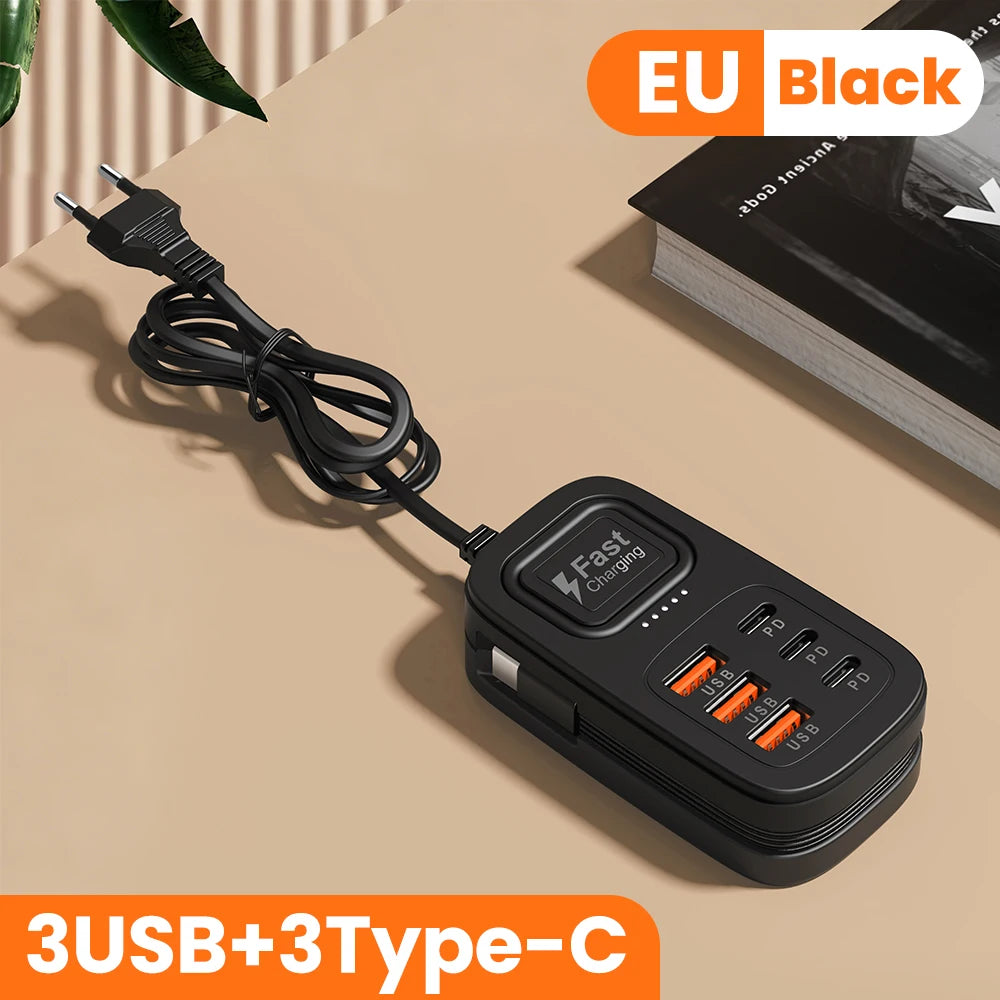 6-Port USB Fast Charging Station – 3 USB-C + 3 USB-A, Desktop Power Strip Hub, EU/UK/US Plug