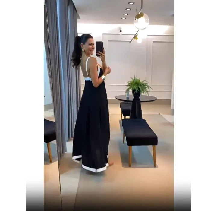 Black & White Contrast V-Neck Sleeveless Loose Long Dress — Elegant Casual Summer Dress
