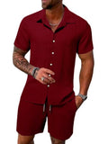 Men's Striped Collared Button-Down Shirt & Drawstring Shorts Set – Solid 2-Piece Beach
