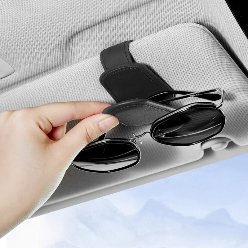 Black PU Leather Car Sunglasses Clip | Magnetic Sun Visor Storage Holder for Glasses & Cards