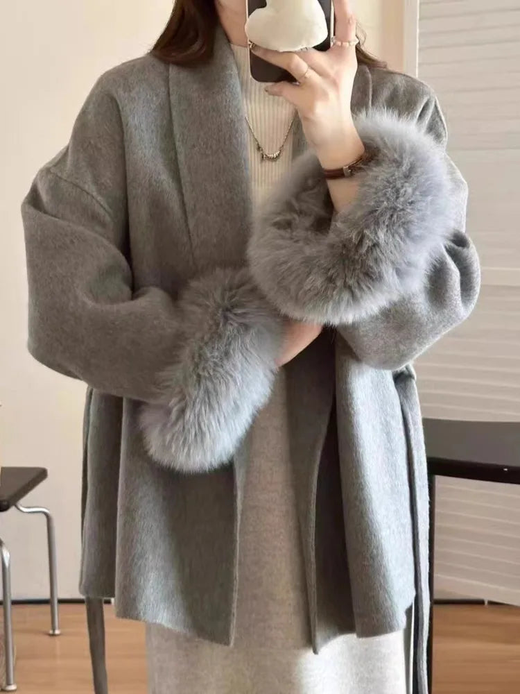 Women's Short Lace-Up Cashmere Wool Coat – Slim Lapel Autumn Winter Outerwear