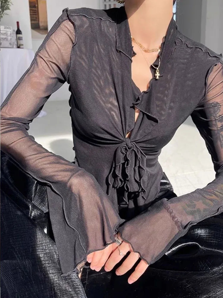 Women's Long Flare Sleeve Blouse – Lace-Up Mesh Korean Fashion Elegant Casual Solid Top