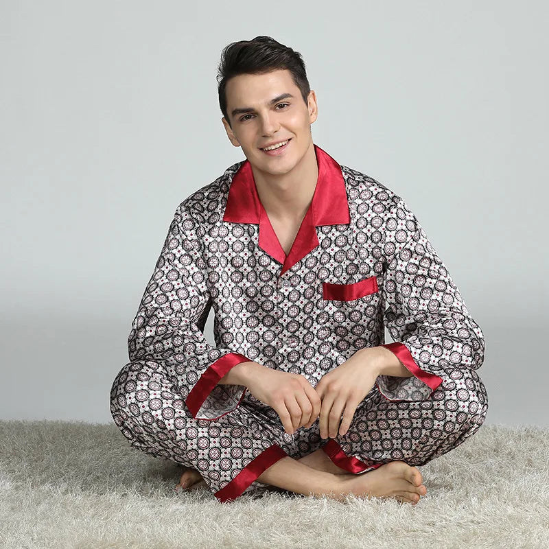 Men's Ice Silk Satin Pajama Set — Long Sleeve Top & Pants Sleepwear