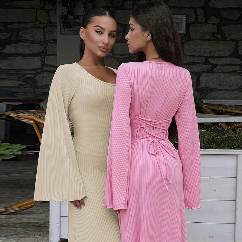 Long Flare Sleeve Maxi Dress — Slim Lace-Up Floor-Length Casual Office Dress