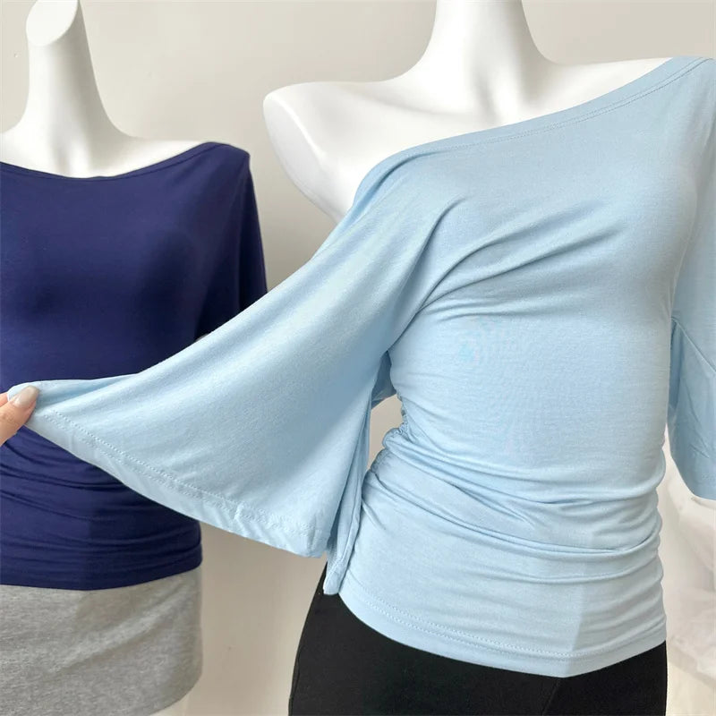 Women's Slash Neck Flare Sleeve Slim Pleated T-Shirt – Sexy Solid Color Pullover Top