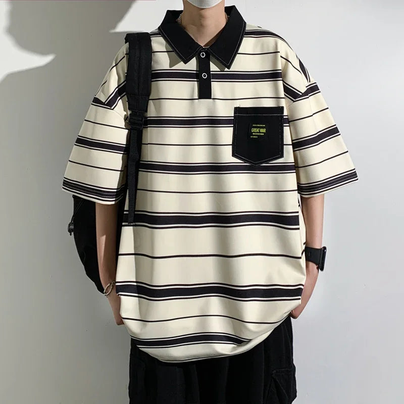 Men's Striped Polo Shirt — Loose Fit Short Sleeve Casual Summer Top
