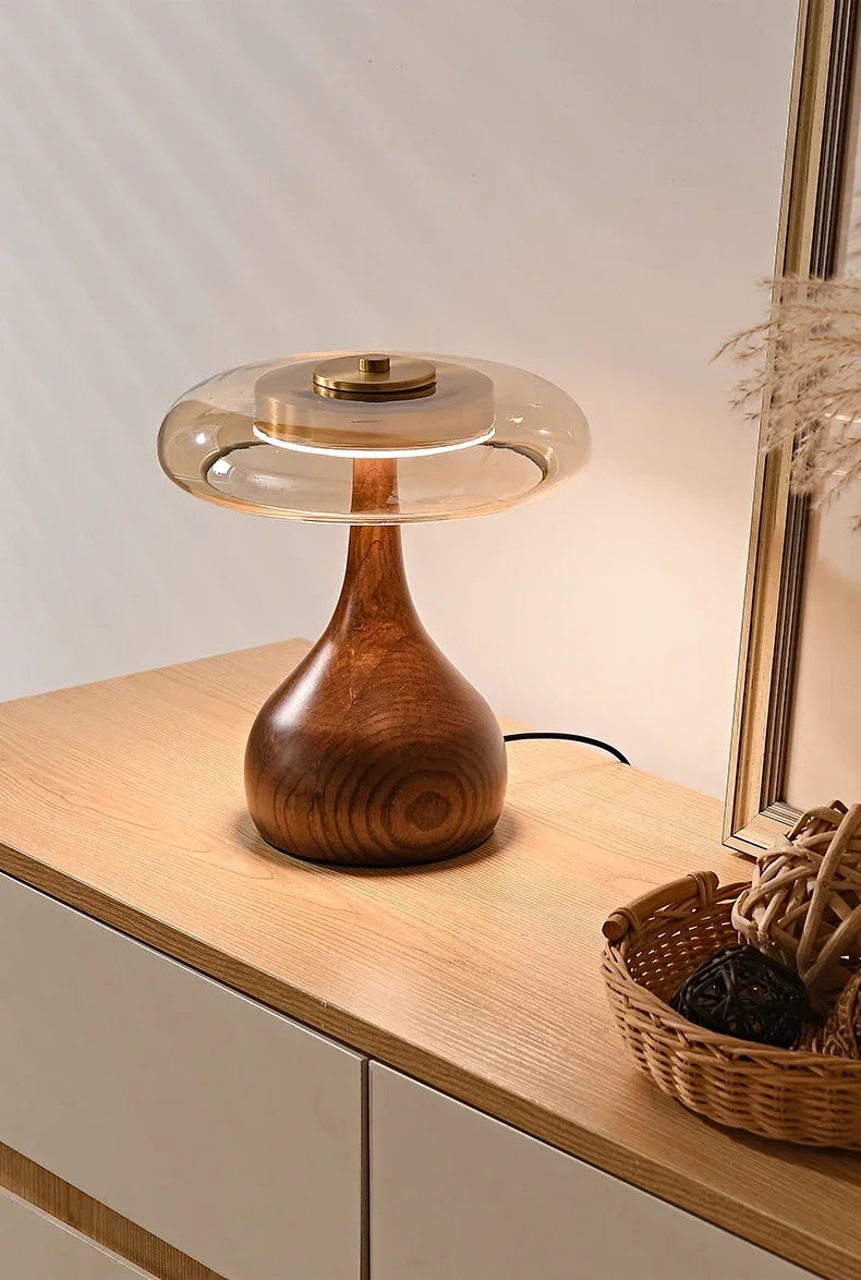 Retro Glass Table Lamp – Sculpted Wood-Look Base