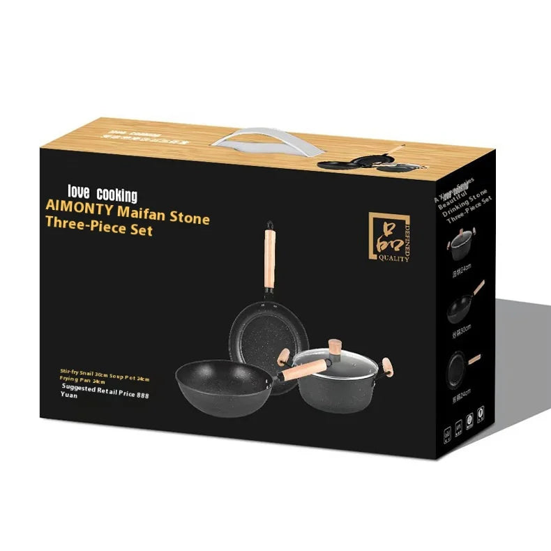 3-Piece Nonstick Cookware Set – Wok, Soup Pot & Frying Pan