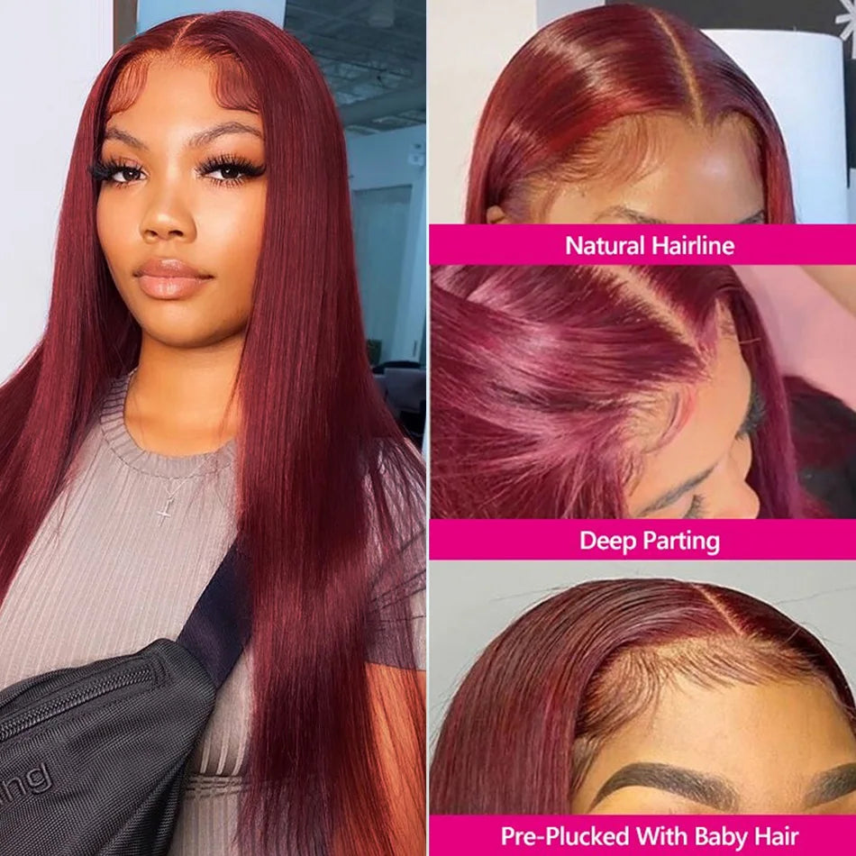 99J Burgundy Straight Lace Front Wig | 13x4 13x6 HD Lace 180% Density Pre-Plucked Peruvian Human Hair