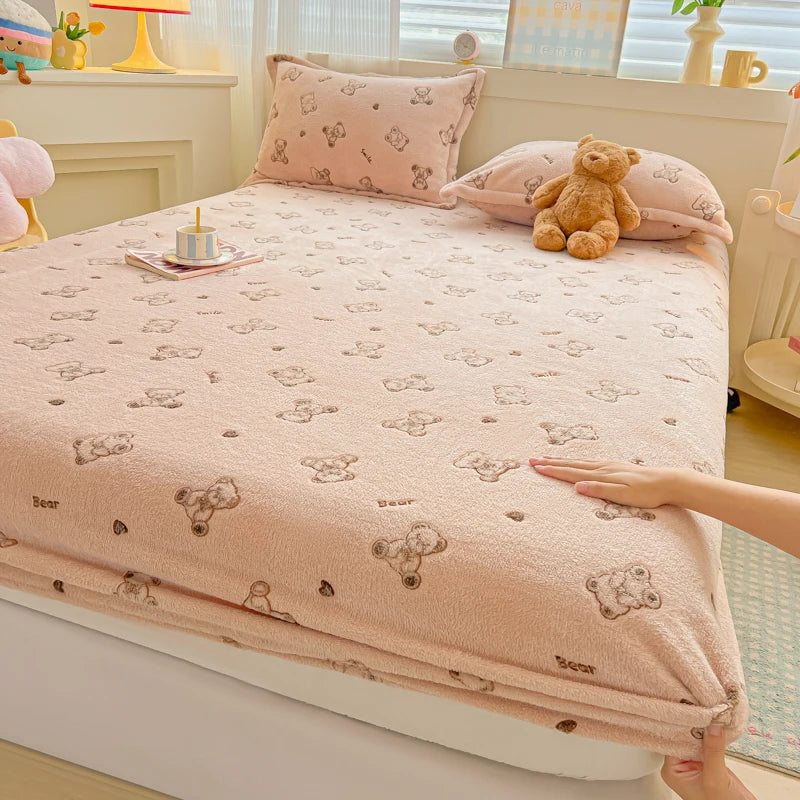 Flannel Fleece Fitted Bed Sheet – Warm Cartoon Purple, Elastic Single to King, Winter Bedsheet
