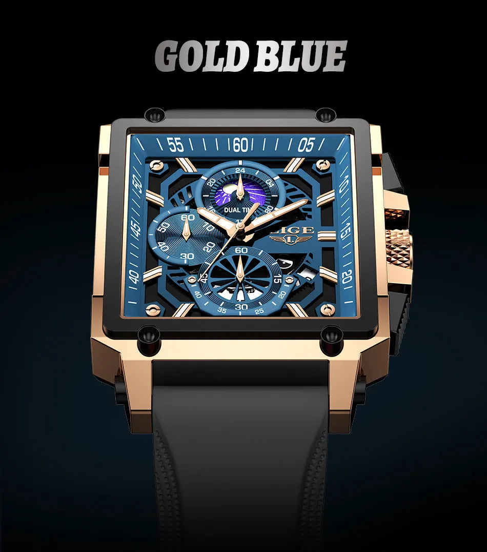 LIGE Men's Hollow Square Sport Watch | Fashion Silicone Strap Waterproof Quartz Wristwatch with Box