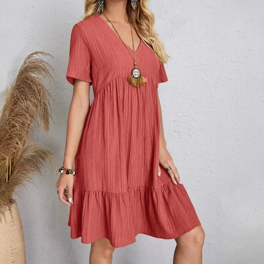 V-Neck Peplum Ruffle Dress — Short Sleeve Fit & Flare Summer Dress