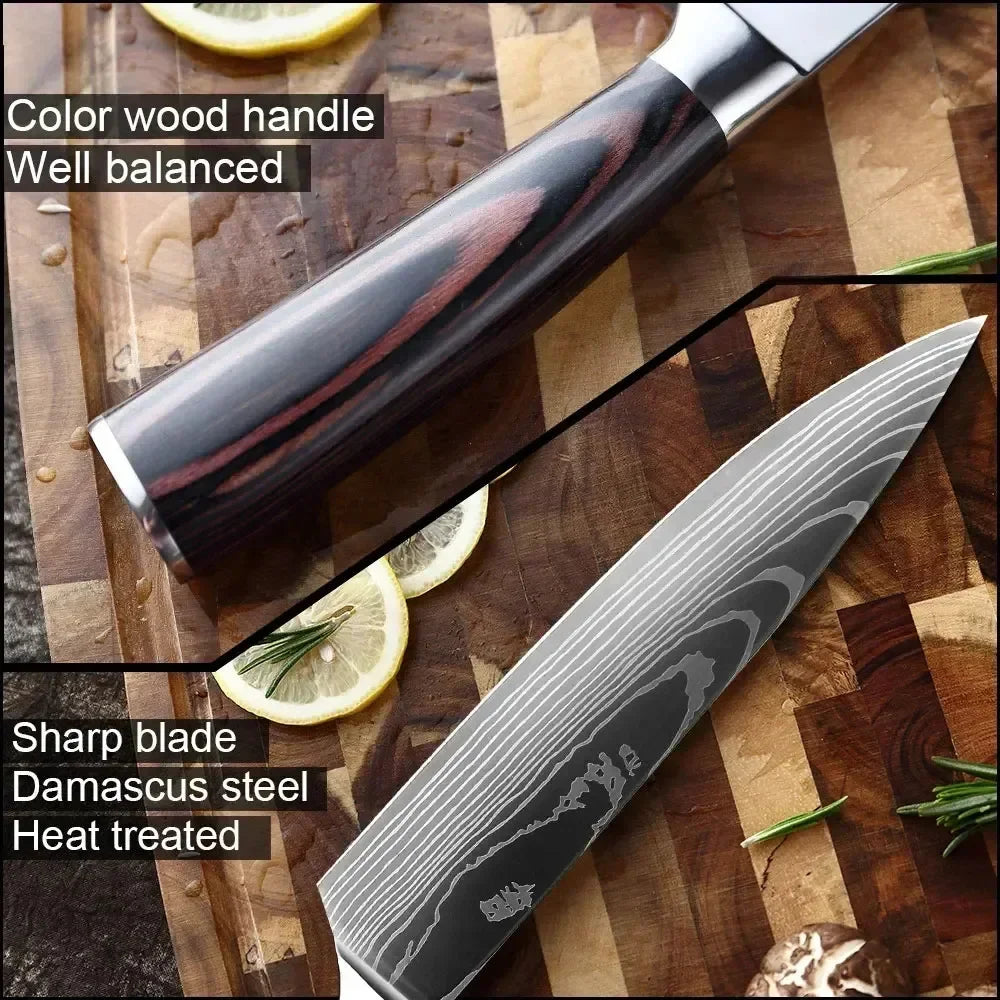 Damascus Kitchen Knife Set — Japanese Santoku, Cleaver, Slicing & Boning Knives