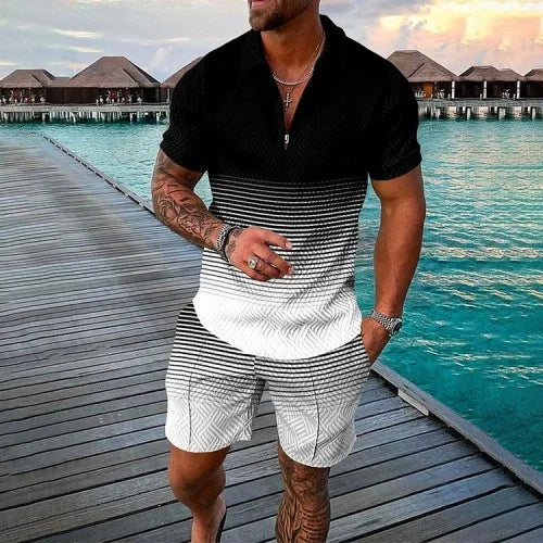 Men's 3D Printed Summer Tracksuit Set – Short Sleeve Polo Shirt & Shorts
