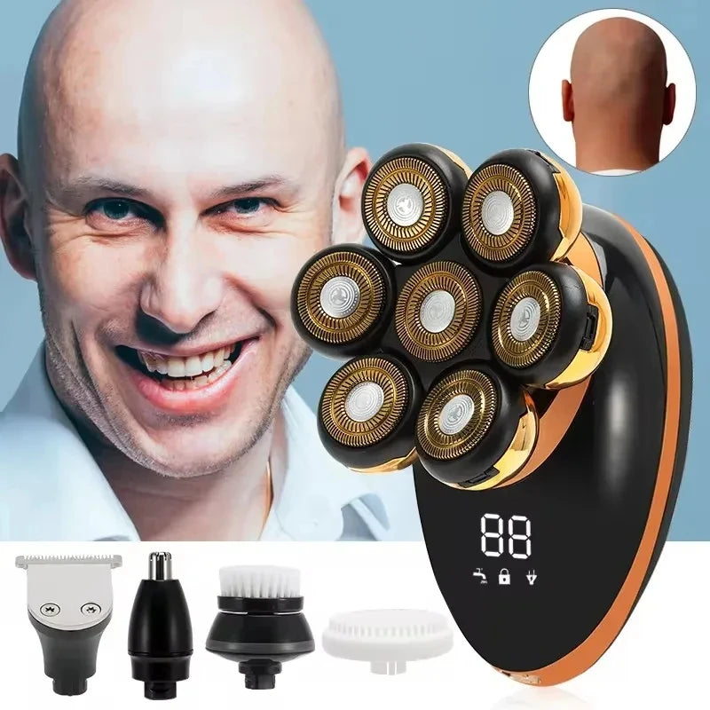 7D Floating Head Electric Shaver for Men – Wet/Dry Rotary Razor with LCD Display & Bald Head Trimmer