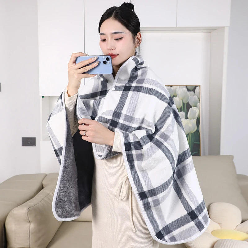 Wearable Plaid Fleece Blanket with Button – Thick Warm Throw for Sofa, Bed, Travel & Office