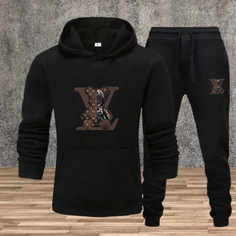 Men's Printed Hoodie Sweatshirt Set – 2-Piece Fleece Jogging Tracksuit