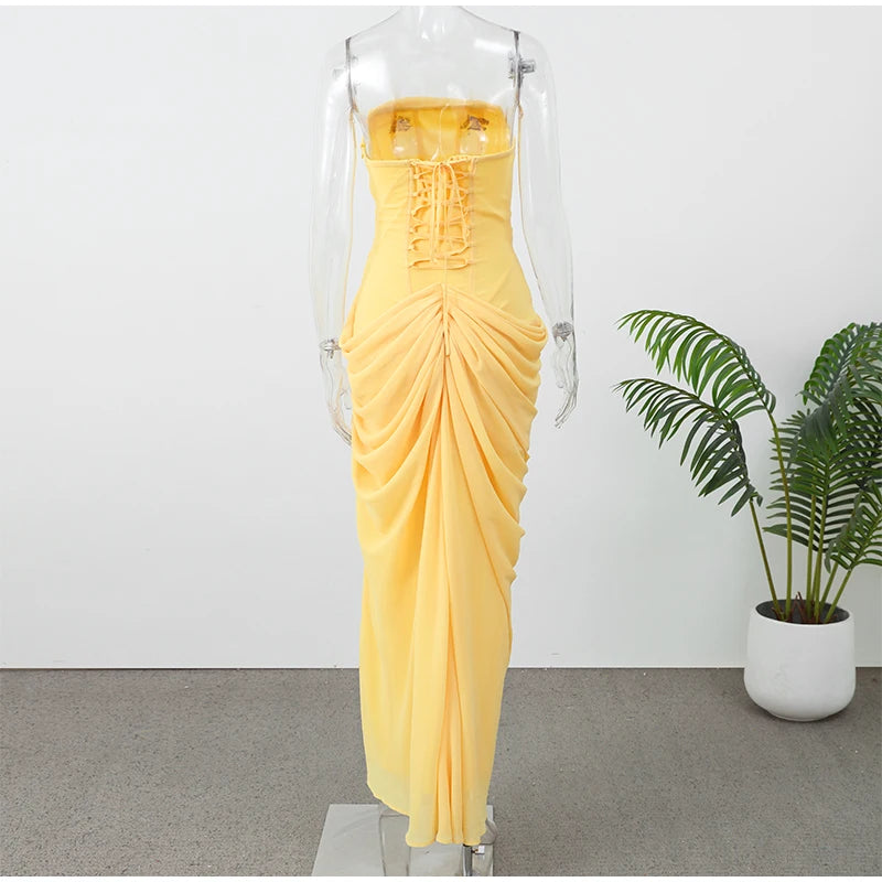 Elegant Yellow Strapless Pleated Maxi Gown — Waist-Cinching Split Evening Dress