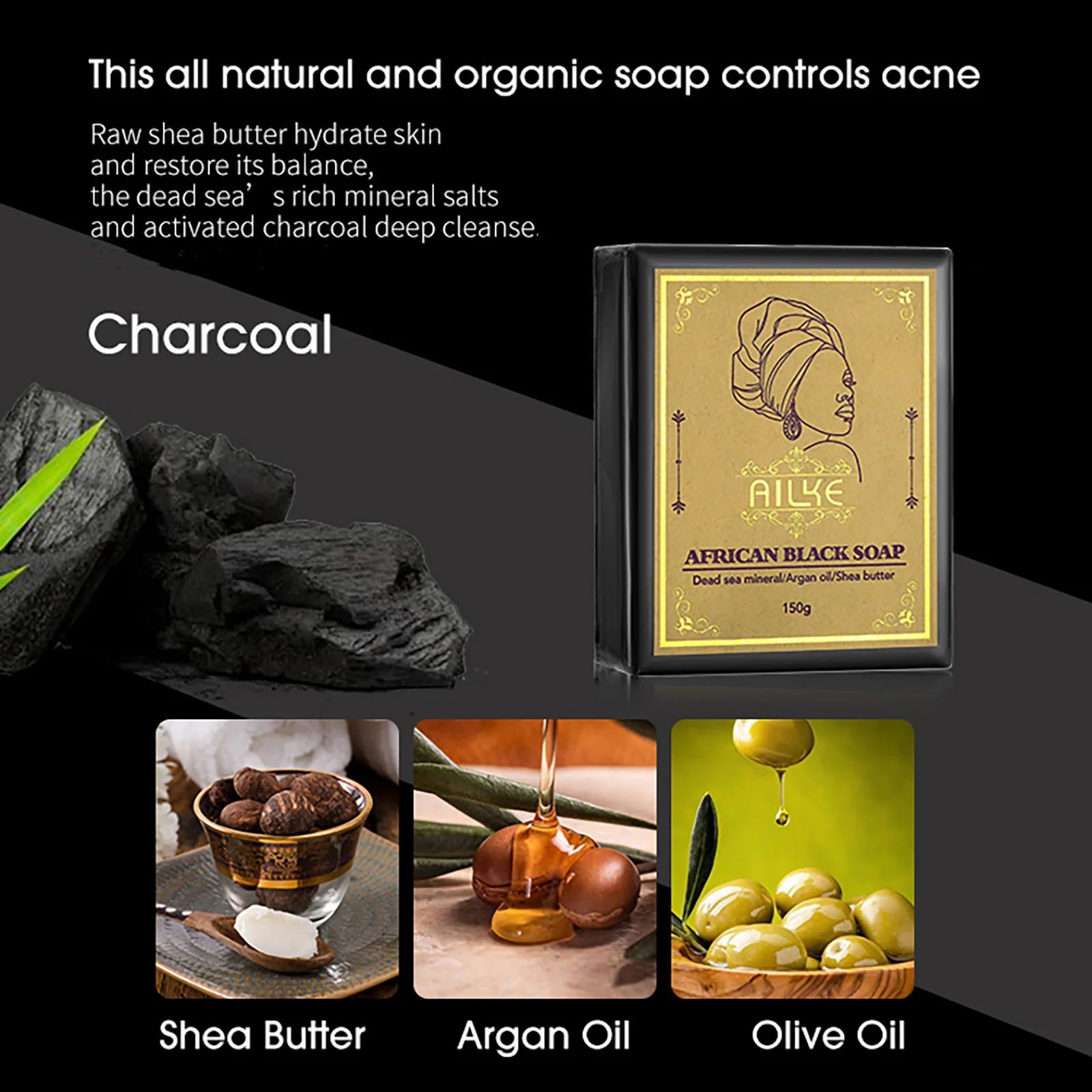 AILKE African Natural Black Soap Bar – Deep Cleansing, Anti-Acne & Brightening for Face & Body