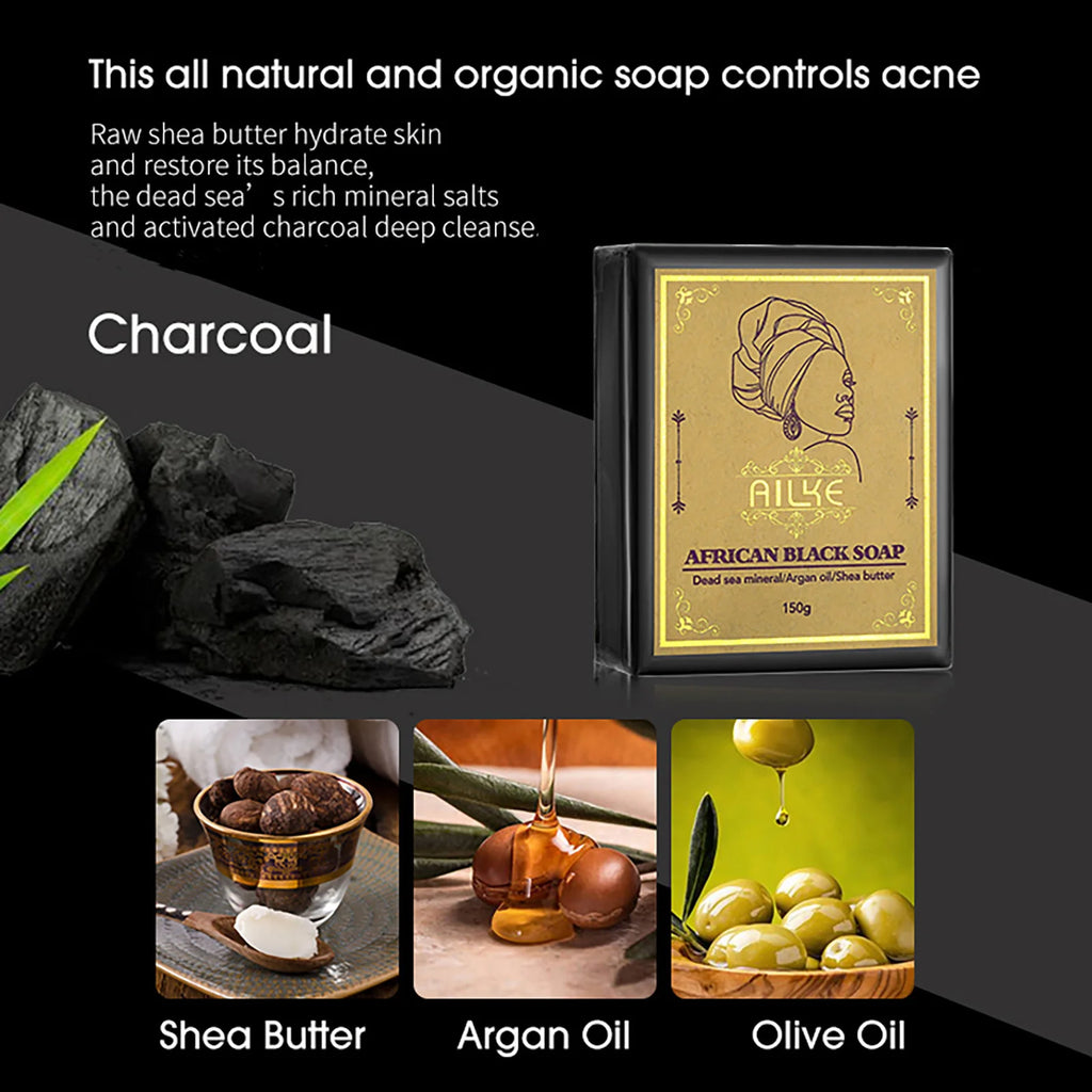 AILKE African Natural Black Soap Bar – Deep Cleansing, Anti-Acne & Brightening for Face & Body