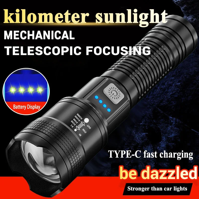 2000LM LED Tactical Flashlight with Power Display – USB Rechargeable Zoomable Camping Torch