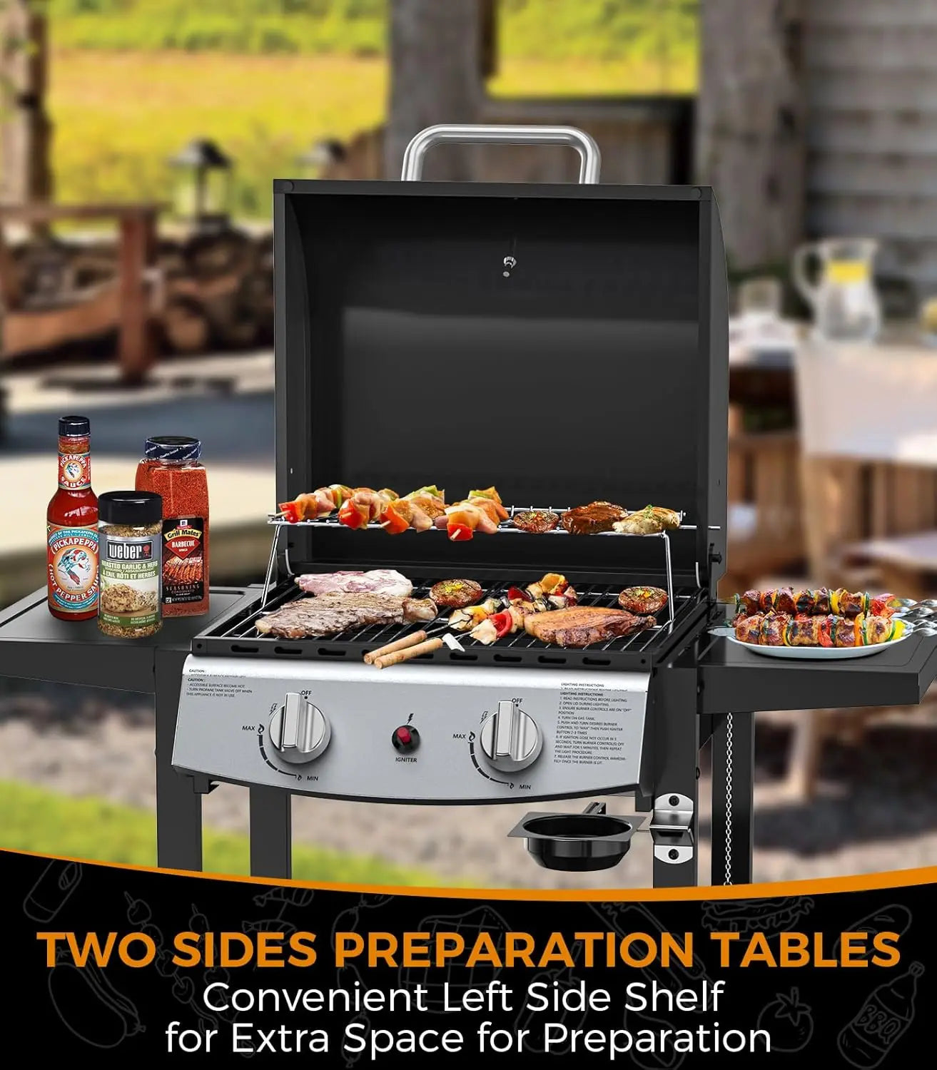 2-Burner Propane Gas BBQ Grill | 20,000 BTU, Stainless Steel, Side Shelves, Wheels, Piezo Ignition, Portable Outdoor Grill for Patio, Backyard & Camping