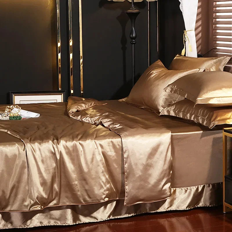 Silky Rayon Bedding Set – Luxury Solid Color Duvet Cover with Sheet & Pillowcases, 6 Colors & 5 Sizes