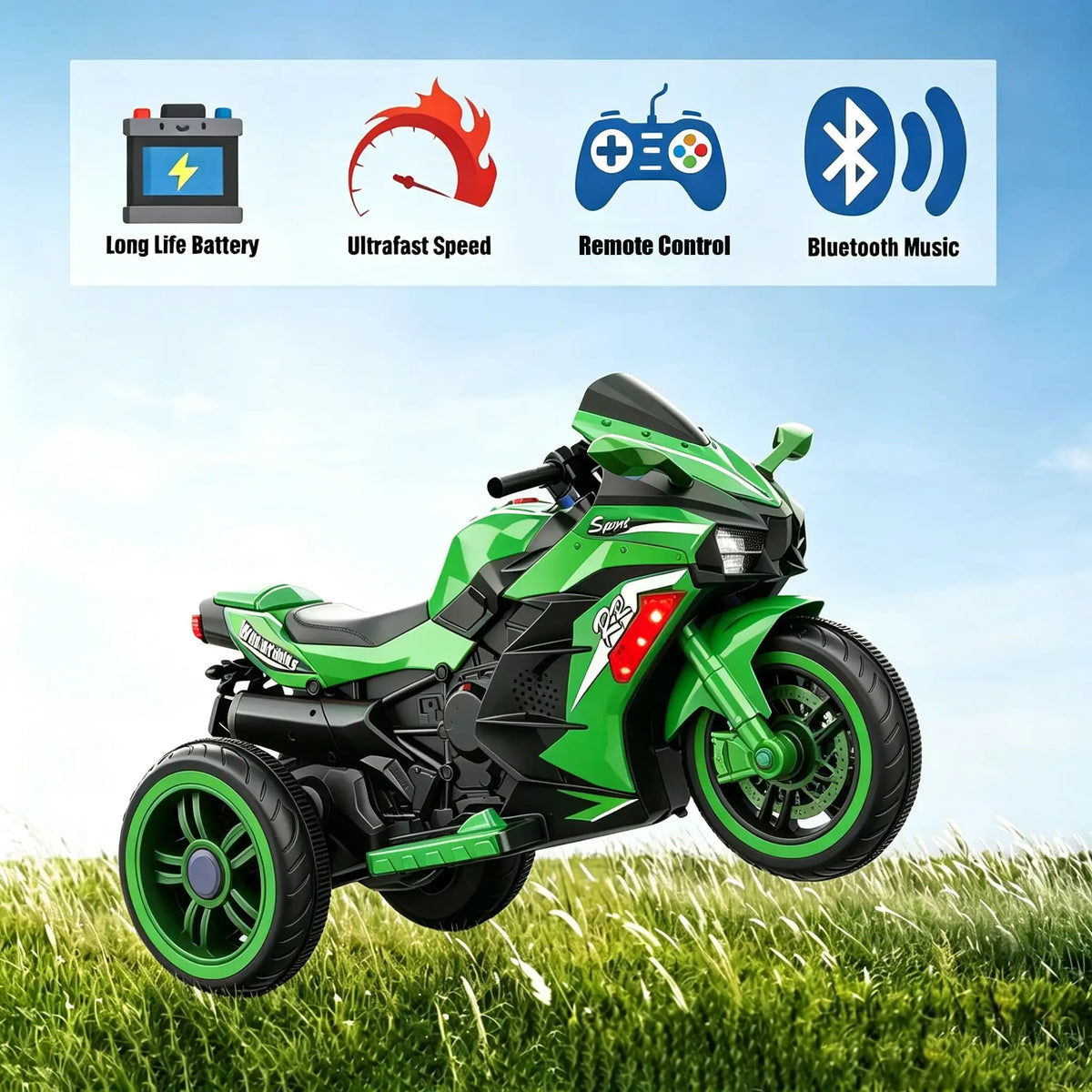 12V Kids Ride-On Motorcycle – Three-Wheel Electric Toy with Remote