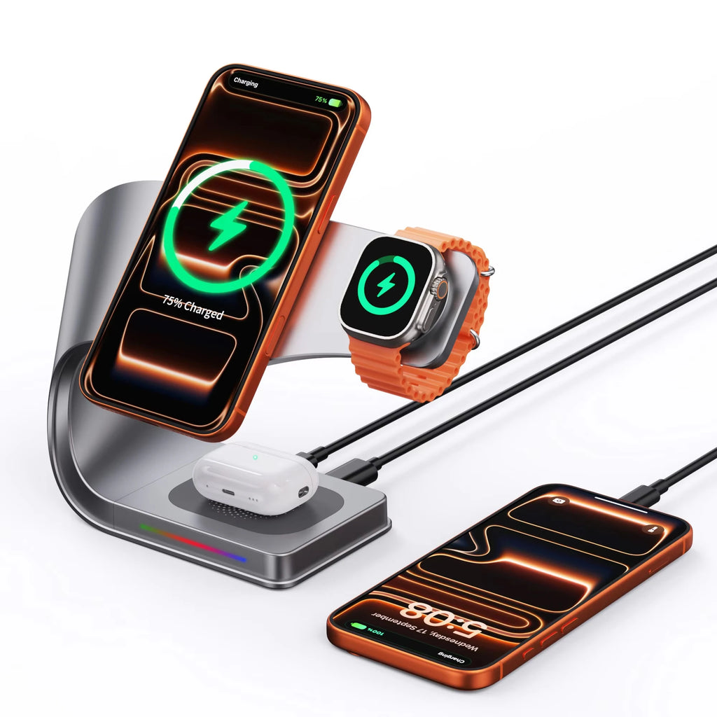 4-in-1 Metal Magnetic Wireless Charging Station 15W – iPhone 12–17, Apple Watch & AirPods