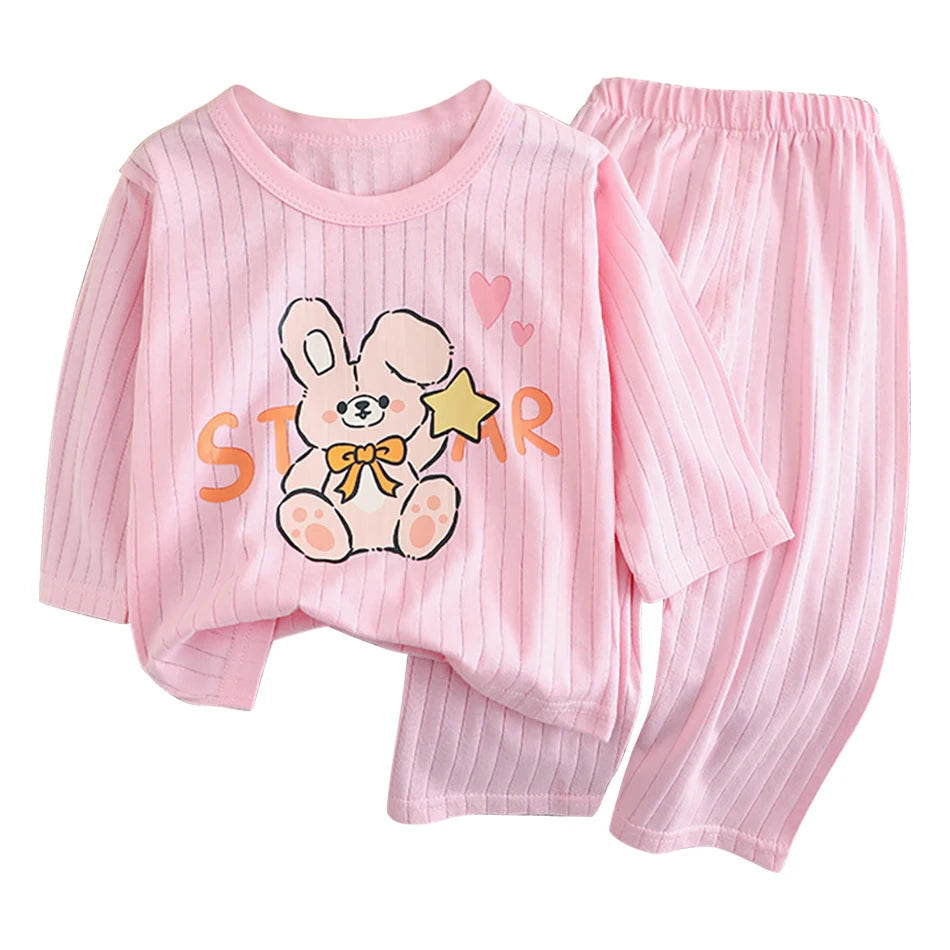 Kids' Cartoon Bear Long Sleeve Pajamas Set | Soft Breathable Sleepwear Boys & Girls