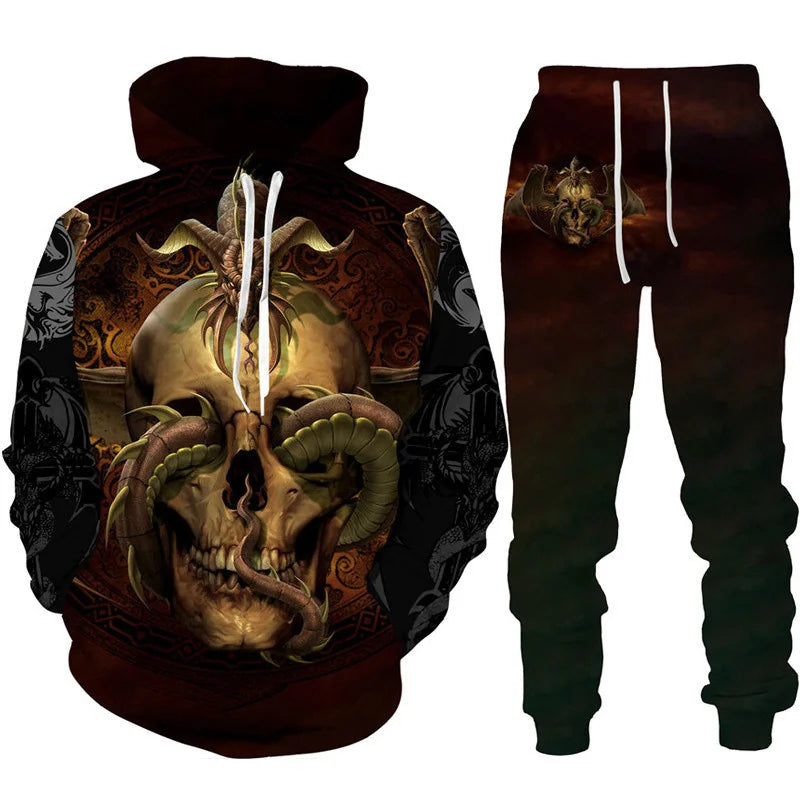 Dragon Print Hoodie Tracksuit Set – Oversized 2-Piece Sweatshirt & Pants