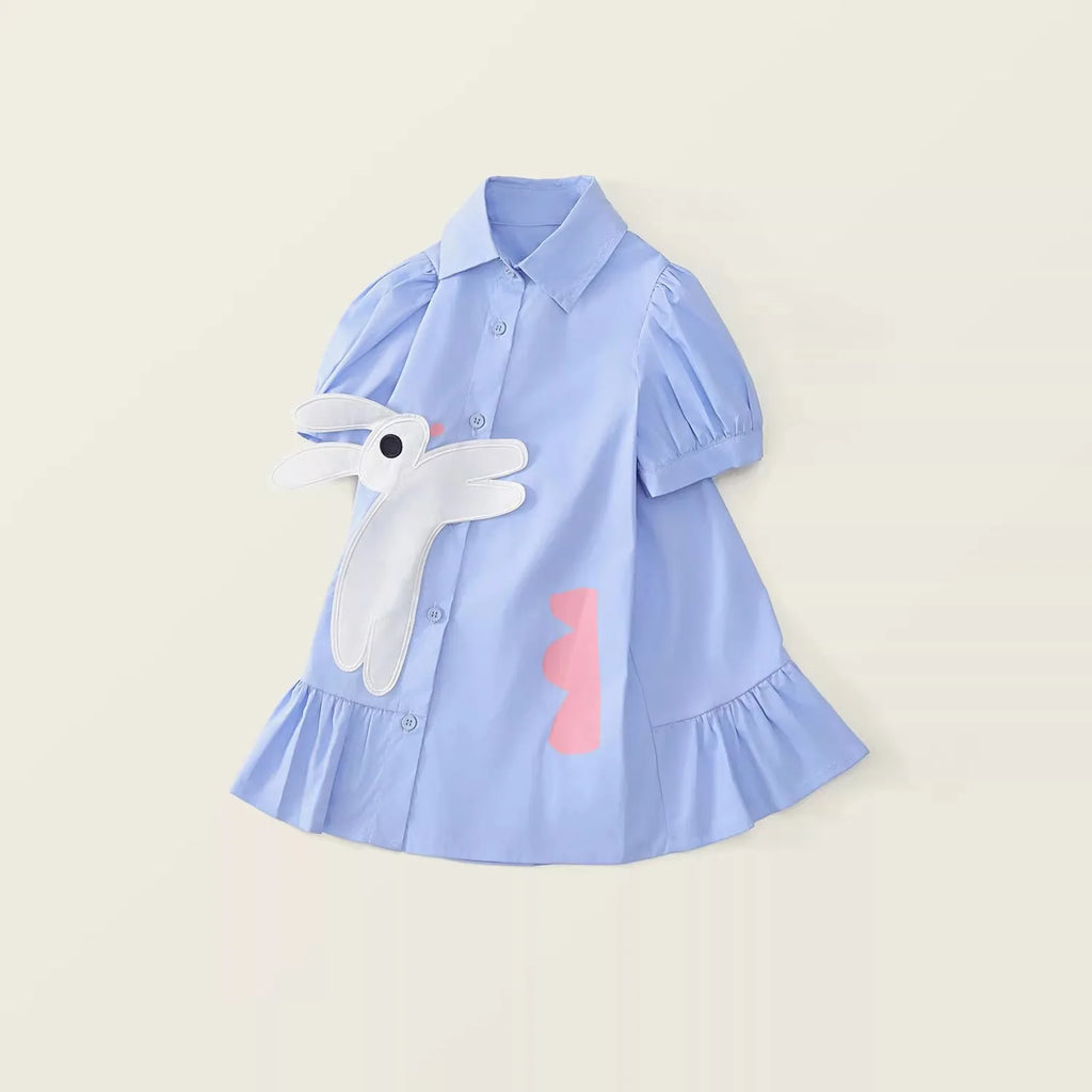 Rabbit Cartoon Shirt Dress for Girls — Short Sleeve Blue Casual Dress