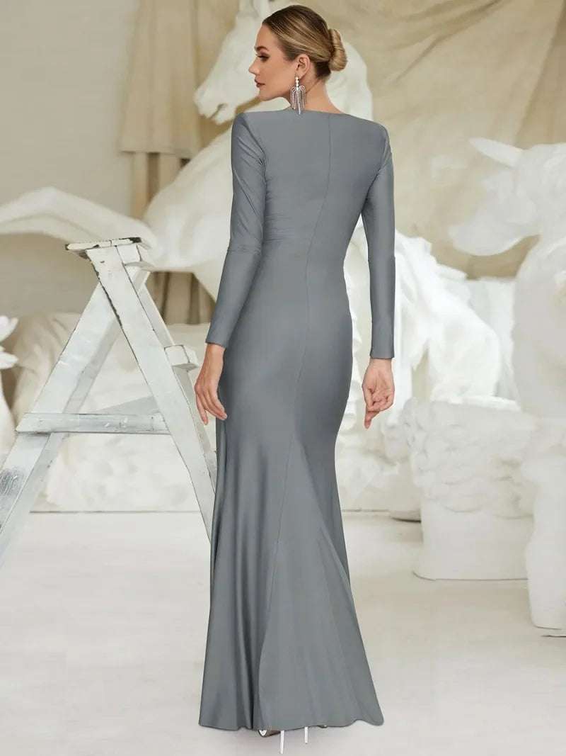 Women's Elegant Wedding Party Dress Female Clothing O-neck Long Sleeve Ruched High Waist Bodycon Long Maxi Evening Prom Dresses