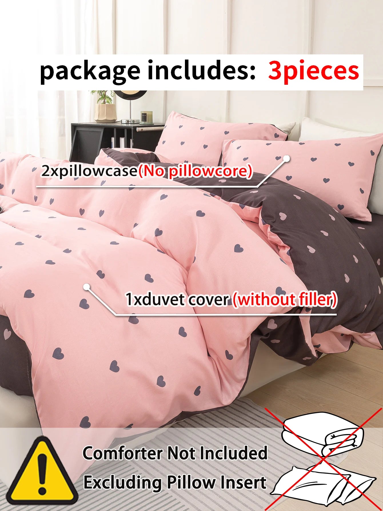 Heart Print Duvet Cover Set – Soft 3-Piece Bedding with 2 Pillowcases, 3 Colors & 11 Sizes